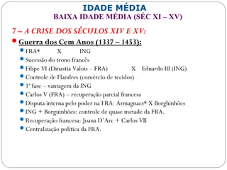 IDADE MÉDIA
BAIXA IDADE MÉDIA (SÉC XI – XV)
7 – A CRISE DOS SÉCULOS XIV E XV:
Guerra dos Cem Anos (1337 – 1453):
FRA* X ING
Sucessão do trono francês
Filipe VI (Dinastia Valois – FRA) X Eduardo III (ING)
Controle de Flandres (comércio de tecidos)
1ª fase – vantagem da ING
Carlos V (FRA) – recuperação parcial francesa
Disputa interna pelo poder na FRA: Armagnacs* X Borghinhões
ING + Borguinhões: controle de quase metade da FRA.
Recuperação francesa: Joana D’Arc + Carlos VII
Centralização política da FRA.
 