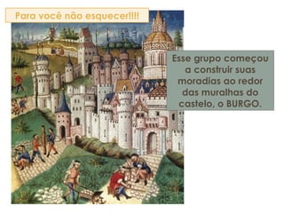 Esse grupo começou
a construir suas
moradias ao redor
das muralhas do
castelo, o BURGO.
Para você não esquecer!!!!
 