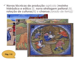  Novas técnicas de produção agrícola (moinho
hidráulico e eólico (I), nova atrelagem peitoral (II),
rotação de culturas(III) e charrua (arado de ferro));
I
II
III
Pág. 112
 