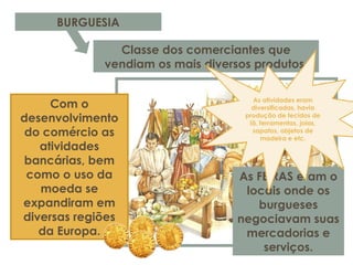 BURGUESIA
Classe dos comerciantes que
vendiam os mais diversos produtos.
Com o
desenvolvimento
do comércio as
atividades
bancárias, bem
como o uso da
moeda se
expandiram em
diversas regiões
da Europa.
As FEIRAS eram o
locais onde os
burgueses
negociavam suas
mercadorias e
serviços.
As atividades eram
diversificadas, havia
produção de tecidos de
lã, ferramentas, joias,
sapatos, objetos de
madeira e etc.
 