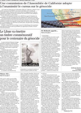 8 • ABAKA • LUNDI 17 FEVRIER 2014 / MONDAY FEBRUARY 17, 2014

Une commission de l’Assemblée de Californie adopte
à l’unanimité le cursus sur le génocide
Le Comité de l’éducation de l’Assemblée d’État de Californie a adopté à l’unanimité un projet de loi AB-659, une mesure introduite par le membre de
l’Assemblée Adrien Nazarian qui devrait renforcer l’engagement de l’État de
Californie à enseigner le génocide arménien aux élèves des écoles publiques
dans les classes de 7e à 12e années.
Comme l’a dit Nazarian le projet de loi AB-659 fera appel à l’adoption du
témoignage oral dans l’enseignement des étudiants sur le génocide arménien.
Les représentants des groupements américano-turcs ont sévèrement critiqué
l’adoption du projet de loi et ont nié le Génocide arménien. A part le Génocide
arménien, le projet de loi appelle à inclure dans les manuels, mais sans s’y limiter, les témoignages des survireurs de l’holocauste, des génocides cambodgien,
de Darfour et de Rwanda.
En plus, le projet de loi encourage à munir les bibliothèques des matériaux
éducatifs pour donner ainsi la possibilité aux apprenants d’étudier à fond le
Génocide arménien.

Le Liban va émettre
un timbre commémoratif
pour le centenaire du génocide
Le gouvernement libanais envisage
d’émettre un timbre commémoratif
décrivant le Monument du Génocide à
Bikfaya, au Liban, afin de commémorer le 100e anniversaire du génocide
arménien.
Vendredi 6 décembre, le ministre
libanais des Télécommunications
Nicolas Sahnawi a rendu visite au
Catholicos de la Grande Maison de
Cilicie, Sa Sainteté Aram Ier.
Lors de la visite, Sa Sainteté a parlé
du génocide et a expliqué la signification du monument, érigé en 1965 pour
commémorer son 50e anniversaire.
Le catholicos Aram Ier a ensuite
exprimé sa gratitude au peuple du
Liban pour sa solidarité à l’époque et a
proposé que le ministère des
Télécommunications émette des timbres commémoratifs à l’image de
Monument du Génocide.
Le ministre s’est félicité de la

Shinzo Abe...
Suite de la page 7
1919, sous le sultan ottoman Mahmoud VI, a accusé 130 suspects de
crimes de guerre et le « massacre et la
destruction d’Arméniens, » Le 5 juillet
1919, le tribunal a déposé son jugement : Talaat, Enver, Jemal et le Dr.
Nazim ont été condamnés à mort par
contumace. Les criminels ont fui le
pays et l’administration de la justice a
été confiée à un groupe de jeunes
vengeurs.
Talaat avait trouvé refuge en
Allemagne et avait l’intention de
retourner à Ankara, où, selon ses
aveux à un agent de renseignement
britannique, Aubrey Herbert, « le mouvement national turc se constituait. »
La référence est le mouvement Milli de
Mustafa Kemal, qui a finalement construit la République turque actuelle sur
les ruines de l’Empire ottoman.
La vie de Talaat a été de courte
durée alors qu’il a été assassiné par
Soghomon Tehlirian à Berlin en 1921.
Il avait rivé ses espoirs sur le mouvement nationaliste de Kemal, qui s’est
avéré être le prolongement de la poli-

M. Hollande appelle...
Suite de la page 7

proposition et a promis de mettre en
œuvre le projet au début de 2014.

« arménophile ».
Il doit d’ailleurs rencontrer mardi
28 janvier Rakel Dink, la veuve de
Hrant Dink, fondateur du journal
arménien Agos, dont l’assassinat, en
2007, avait provoqué un sursaut
citoyen sans précédent et accéléré le
travail de mémoire en Turquie. Engagé
de longue date pour la reconnaissance
du génocide de 1915, le président
français a fait part à plusieurs reprises
de son désir de faire voter un nouveau
texte pour sanctionner les propos
négationnistes tenus sur le sol
français. Interrogé sur ses intentions
par la presse turque, il est resté évasif.
« Nous allons faire le droit et rien que
le droit », a-t-il déclaré.
M. Hollande a également rappelé
l’obligation qui était faite à la France
de transposer « de la meilleure des
façons », une décision-cadre
européenne de 2008 qui rend punissable « l’apologie, la négation ou la
banalisation grossière publiques des
crimes de génocide ». Sur ce point,
l’entourage du président se montre
prudent : « Toutes les victimes ont

tique criminelle ittihadiste. Beaucoup
de haut-gradés de ce gouvernement
kémaliste avaient du sang arménien
sur leurs mains, comme l’a bien documenté l’historien turc Taner Akçam.
La République de Turquie a coopéré
avec Hitler durant la Seconde Guerre
mondiale en fournissant des matières
premières à la machine de guerre allemande. Voilà comment il a pu rapatrier
les restes de Talaat de Berlin à
Istanbul en 1943. Les restes ont été
inhumés dans le quartier de Sisli à
Istanbul. Un monument a été érigé
également à sa mémoire sur Hurriyet
Tepe (Colline de la liberté) pour que le
peuple turc honore ce criminel de
guerre. On croit qu’en 2012, Mehmet
Talaat Pacha a de nombreuses rues
importantes qui portent son nom dans
cet état moderne de Turquie.
Loin de s’excuser pour le crime de
génocide, les dirigeants turcs ont continué de menacer l’Arménie et les
Arméniens. Encore fraiche à nos
mémoires, il y a la menace du président turc Turgut Ozal, au début de
l’indépendance de l’Arménie, qui a
demandé si 1915 n’avait pas servi de
leçon aux Arméniens et s’ils incitaient
la Turquie à lancer quelques bombes

sur Erévan.
Comme nous pouvons le voir,
Shinzo Abe n’est pas le seul. Il a également des sympathisants en Turquie.
Pourtant, de nombreux politiciens
font de la politique avec notre propre
monument au génocide et la mesure
de leur amitié avec l’Arménie se révèle
par leur façon de traiter
Tzitzernakaberd à Erévan. Le Pape
Jean- Paul II a politisé son voyage en
Arménie en évitant l’utilisation du mot
en « g ». Hillary Clinton s’est ridiculisée lors de son voyage officiel en
Arménie, quand elle a annoncé que sa
visite au musée de génocide était une
affaire privée et qu’elle avait laissé son
chapeau de secrétaire d’Etat à l’ambassade des États-Unis, où elle séjournait.
Selon elle, elle signalait à la Turquie
que le représentant du gouvernement
des États-Unis ne respectait pas les
martyrs arméniens. D’autre part, les
Arméniens se sont senti honorés par
cette visite, à titre privée ou officielle.
Même les dirigeants de nos pays
amis, craignant de mécontenter la
Turquie, ont évité le monument. Le
président Ahmadinejad d’Iran a
écourté sa visite en Arménie pour
éviter son projet de visite du monu-

droit à la protection de leur mémoire,
dans le cadre juridique imposé par la
décision du Conseil constitutionnel et
par la jurisprudence de la Cour
européenne des droits de l’homme ».
La CEDH a en effet jugé, en décembre
2013, que le déni du génocide
arménien relevait de la liberté
d’expression et a acquitté Dogu
Perinçek, membre ultranationaliste du
comité Talaat-Pacha, une organisation
para-étatique menant des campagnes
négationnistes à l’étranger. M.
Perinçek avait qualifié le génocide
arménien de « mensonge international », lors d’un voyage en Suisse.
Le cadre juridique laisse une marge
de manœuvre extrêmement étroite
pour une nouvelle loi de pénalisation.
Ce qui provoque, en France, la colère
des représentants de la diaspora
arménienne. Avant la visite présidentielle en Turquie, samedi 25 janvier, le
Conseil de coordination des associations arméniennes de France a manifesté à Paris, Lyon et Marseille, « contre l’entrée de cette Turquie dans
l’Union européenne ».
Guillaume Perrier
Le Monde
28 janvier 2014
ment, sous prétexte d’une question
urgente dans son pays. Le président
Bachar Al-Assad, avec les mêmes précautions, n’a pas inclus de visite au
monument quand il est venu en
Arménie.
La majorité des Arméniens au
Moyen-Orient sympathisent avec la
cause palestinienne et sont ravis
lorsque le chef de l’Autorité palestinienne Mahmoud Abbas visite la crèche
de Bethléem, durant le Noël arménien.
Mais lorsqu’il s’est rendu à Bakou lors
de sa dernière visite, il a annoncé sans
vergogne que les Palestiniens, dont la
terre est occupée, « comprenons la situation difficile de l’Azerbaïdjan », car
une partie de son territoire « demeure
sous occupation. »
Les grandes et petites puissances
font de la politique avec des symboles.
Si nous nous attendons à l’appui du
monde pour exposer notre cas et les
obliger à respecter nos martyrs, nous
devons déplorer le sacrilège abominable de politiciens comme Shinzo
Abe qui veulent réécrire l’histoire et
absoudre les péchés des meurtriers de
l’histoire.
Traduction N.P.

 