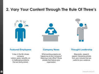 2. Vary Your Content Through The Rule Of Three‟s




 Featured Employees                 Company News                Thought Leadership

   ‘A day in the life’ shows      What exciting projects are       Blog posts, research
            company              happening at your company?     papers, interesting articles
  culture, perks, benefits, an   Opening a new office? Share    from your industry that are
   d challenging problems          articles that feature your     useful to your audience
    that are being solved.                organization




                                                                               LINKEDIN INSIGHTS
 