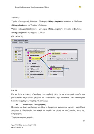 Εγχειρίδιο Κατασκευής Μικρόκοσμων με το Αβάκιο
43
Έργο ΠΛΕΙΑΔΕΣ/ Χρυσαλλίδες, Γ΄ ΚΠΣ
ΕΑ.ΙΤΥ / Υπ.Ε.Π.Θ.
Συνδέσεις:
Ψηφίδα «Επεξεργαστής Βάσεων» - Σύνδεσμος «Βάση Δεδομένων» συνδέεται με Σύνδεσμο
«Βάση Δεδομένων» της Ψηφίδας «Ερώτηση»
Ψηφίδα «Επεξεργαστής Βάσεων» - Σύνδεσμος «Βάση Δεδομένων» συνδέεται με Σύνδεσμο
«Βάση Δεδομένων» της Ψηφίδας «Σύνολο»
(βλ. εικόνα 38)
Εικ. 38
Για να δείτε προτάσεις αξιοποίησης στη σχολική τάξη και σε ερευνητικό επίπεδο του
μιρκόκοσμου ταξινομούμε μπορείτε να επισκεφτείτε την ιστοσελίδα του εργαστηρίου
Εκπαιδευτικής Τεχνολογίας http://etl.ppp.uoa.gr
4.5.2. Μικρόκοσμος Χαρτογράφησης
Πρόκειται για έναν μικρόκοσμο που δίνει τη δυνατότητα κατασκευής χαρτών – προσθήκης
γεωγραφικής πληροφορίας που αφορά σε σημεία του χάρτη και επεξεργασίας αυτής της
πληροφορίας.
Χρησιμοποιούμενες ψηφίδες:
 