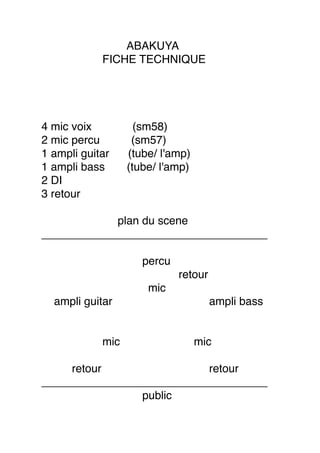 ABAKUYA
            FICHE TECHNIQUE




4 mic voix          (sm58)
2 mic percu        (sm57)
1 ampli guitar    (tube/ l'amp)
1 ampli bass      (tube/ l'amp)
2 DI
3 retour

            plan du scene
____________________________________

                     percu
                             retour
                      mic
  ampli guitar                        ampli bass


            mic                   mic

     retour                retour
____________________________________
                public
 
