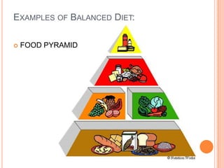 EXAMPLES OF BALANCED DIET:

   FOOD PYRAMID
 