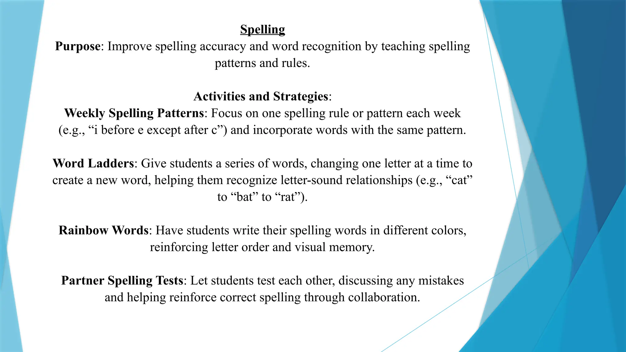 Spelling
Purpose: Improve spelling accuracy and word recognition by teaching spelling
patterns and rules.
Activities and Strategies:
Weekly Spelling Patterns: Focus on one spelling rule or pattern each week
(e.g., “i before e except after c”) and incorporate words with the same pattern.
Word Ladders: Give students a series of words, changing one letter at a time to
create a new word, helping them recognize letter-sound relationships (e.g., “cat”
to “bat” to “rat”).
Rainbow Words: Have students write their spelling words in different colors,
reinforcing letter order and visual memory.
Partner Spelling Tests: Let students test each other, discussing any mistakes
and helping reinforce correct spelling through collaboration.
 