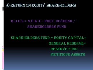 9) Return on equity shareholders


  r.o.e.s = n.p.a.t – pref. dividend /
            shareholders fund

  Shareholders fund = equity capital+
                   general reserve+
                    reserve fund -
                    fictitious assets
 