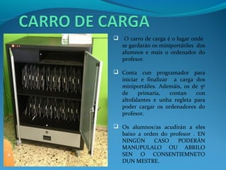  O carro de carga é o lugar onde
  se gardarán os miniportátiles dos
  alumnos e mais o ordenador do
  profesor.

 Conta cun programador para
  iniciar e finalizar a carga dos
  miniportáiles. Ademáis, os de 5º
  de     primaria,   contan    con
  altofalantes e unha regleta para
  poder cargar os ordenadores do
  profesor.

 Os alumnos/as acudirán a eles
  baixo a orden do profesor . EN
  NINGÚN      CASO    PODERÁN
  MANUPULALO OU ABRILO
  SEN O CONSENTIEMNETO
  DUN MESTRE.
 