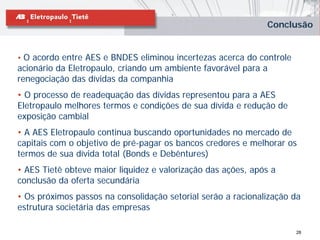 Conclusão


• O acordo entre AES e BNDES eliminou incertezas acerca do controle
acionário da Eletropaulo, criando um ambiente favorável para a
renegociação das dívidas da companhia
• O processo de readequação das dívidas representou para a AES
Eletropaulo melhores termos e condições de sua dívida e redução de
exposição cambial
• A AES Eletropaulo continua buscando oportunidades no mercado de
capitais com o objetivo de pré-pagar os bancos credores e melhorar os
termos de sua dívida total (Bonds e Debêntures)
• AES Tietê obteve maior liquidez e valorização das ações, após a
conclusão da oferta secundária
• Os próximos passos na consolidação setorial serão a racionalização da
estrutura societária das empresas

                                                                      28
 