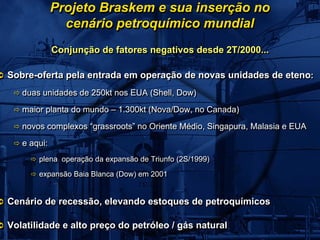 Projeto Braskem e sua inserção no
               cenário petroquímico mundial
             Conjunção de fatores negativos desde 2T/2000...

Sobre-oferta pela entrada em operação de novas unidades de eteno:
                                                                :
   duas unidades de 250kt nos EUA (Shell, Dow)
   duas unidades de 250kt nos EUA (Shell, Dow)
   maior planta do mundo – 1.300kt (Nova/Dow, no Canada)
   maior planta do mundo – 1.300kt (Nova/Dow, no Canada)
   novos complexos “grassroots” no Oriente Médio, Singapura, Malasia e EUA
   novos complexos “grassroots” no Oriente Médio, Singapura, Malasia e EUA
   e aqui:
   e aqui:
       plena operação da expansão de Triunfo (2S/1999)
       plena operação da expansão de Triunfo (2S/1999)
       expansão Baia Blanca (Dow) em 2001
       expansão Baia Blanca (Dow) em 2001


Cenário de recessão, elevando estoques de petroquímicos

Volatilidade e alto preço do petróleo / gás natural
 