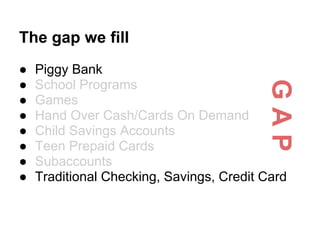 The gap we fill
● Piggy Bank
● School Programs
● Games
● Hand Over Cash/Cards On Demand
● Child Savings Accounts
● Teen Pr...