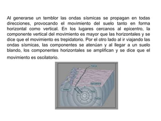 Al generarse un temblor las ondas sísmicas se propagan en todas direcciones, provocando el movimiento del suelo tanto en forma horizontal como vertical. En los lugares cercanos al epicentro, la componente vertical del movimiento es mayor que las horizontales y se dice que el movimiento es trepidatorio. Por el otro lado al ir viajando las ondas sísmicas, las componentes se atenúan y al llegar a un suelo blando, los componentes horizontales se amplifican y se dice que el movimiento es oscilatorio.