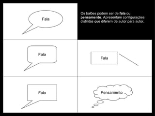 Os balões podem ser de  fala  ou  pensamento . Apresentam configurações distintas que diferem de autor para autor.  Pensamento Fala Fala Fala Fala 