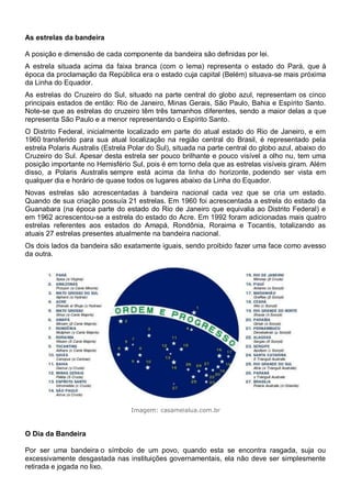 As estrelas da bandeira
A posição e dimensão de cada componente da bandeira são definidas por lei.
A estrela situada acima da faixa branca (com o lema) representa o estado do Pará, que à
época da proclamação da República era o estado cuja capital (Belém) situava-se mais próxima
da Linha do Equador.
As estrelas do Cruzeiro do Sul, situado na parte central do globo azul, representam os cinco
principais estados de então: Rio de Janeiro, Minas Gerais, São Paulo, Bahia e Espírito Santo.
Note-se que as estrelas do cruzeiro têm três tamanhos diferentes, sendo a maior delas a que
representa São Paulo e a menor representando o Espírito Santo.
O Distrito Federal, inicialmente localizado em parte do atual estado do Rio de Janeiro, e em
1960 transferido para sua atual localização na região central do Brasil, é representado pela
estrela Polaris Australis (Estrela Polar do Sul), situada na parte central do globo azul, abaixo do
Cruzeiro do Sul. Apesar desta estrela ser pouco brilhante e pouco visível a olho nu, tem uma
posição importante no Hemisfério Sul, pois é em torno dela que as estrelas visíveis giram. Além
disso, a Polaris Australis sempre está acima da linha do horizonte, podendo ser vista em
qualquer dia e horário de quase todos os lugares abaixo da Linha do Equador.
Novas estrelas são acrescentadas à bandeira nacional cada vez que se cria um estado.
Quando de sua criação possuía 21 estrelas. Em 1960 foi acrescentada a estrela do estado da
Guanabara (na época parte do estado do Rio de Janeiro que equivalia ao Distrito Federal) e
em 1962 acrescentou-se a estrela do estado do Acre. Em 1992 foram adicionadas mais quatro
estrelas referentes aos estados do Amapá, Rondônia, Roraima e Tocantis, totalizando as
atuais 27 estrelas presentes atualmente na bandeira nacional.
Os dois lados da bandeira são exatamente iguais, sendo proibido fazer uma face como avesso
da outra.
Imagem: casameialua.com.br
O Dia da Bandeira
Por ser uma bandeira o símbolo de um povo, quando esta se encontra rasgada, suja ou
excessivamente desgastada nas instituições governamentais, ela não deve ser simplesmente
retirada e jogada no lixo.
 