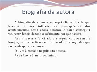 Biografia da autora A biografia da autora é o próprio livro! É nele que descreve a sua infância, as consequências dos acontecimentos dessa época dolorosa e como conseguiu recuperar depois de todo o sofrimento por que passou. Para alcançar a felicidade e a segurança que sempre desejou, vai ter de lidar com o passado e os segredos que tem desde que era criança. O livro é contado na primeira pessoa. Anya Peters é um pseudónimo. 