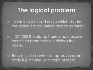    “A circle is a closed curve which divides
    the plane into an interior and an exterior.”

   It DIVIDES the plane. There is no crossover,
    there‟s no permeation. It divides the
    plane.

   Thus; a circle cannot be open. An open
    circle is just a line, or a series of them.
 