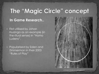In Game Research..

 First utilised by Johan
  Huizinga as an example (in
  the ritual sense) in “Homo
  Ludens”.

 Popu...