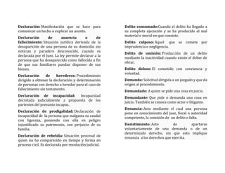 Declaración: Manifestación que se hace para
comunicar un hecho o explicar un asunto.
Declaración de ausencia o de
fallecimiento: Situación jurídica derivada de la
desaparición de una persona de su domicilio sin
noticias y paradero desconocido, cuando es
declarada por el Juez. La ley permite declarar a la
persona que ha desaparecido como fallecida a fin
de que sus familiares puedan disponer de sus
bienes.
Declaración de herederos: Procedimiento
dirigido a obtener la declaración y determinación
de personas con derecho a heredar para el caso de
fallecimiento sin testamento.
Declaración de incapacidad: Incapacidad
decretada judicialmente a propuesta de los
parientes del presunto incapaz.
Declaración de prodigalidad: Declaración de
incapacidad de la persona que malgasta su caudal
con ligereza, poniendo con ella en peligro
injustificado su patrimonio, con perjuicio de su
familia.
Declaración de rebeldía: Situación procesal de
quien no ha comparecido en tiempo y forma en
proceso civil. Es declarada por resolución judicial.
Delito consumado:Cuando el delito ha llegado a
su completa ejecución y se ha producido el mal
material o moral en que consiste.
Delito culposo: Aquel que se comete por
imprudencia o negligencia.
Delito de omisión: Producción de un delito
mediante la inactividad cuando existe el deber de
obrar.
Delito doloso: El cometido con conciencia y
voluntad.
Demanda: Solicitud dirigida a un juzgado y que da
origen al procedimiento.
Demandado: A quien se pide una cosa en juicio.
Demandante: Que pide o demanda una cosa en
juicio. También se conoce como actor o litigante.
Denuncia: Acto mediante el cual una persona
pone en conocimiento del juez, fiscal o autoridad
competente, la comisión de un delito o falta.
Desistimiento: Acto de apartarse
voluntariamente de una demanda o de un
determinado derecho, sin que esto implique
renuncia a los derechos que ejercita.
 