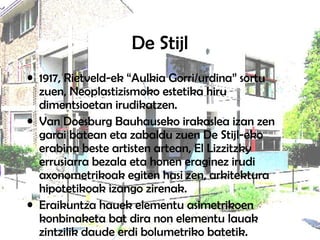 De Stijl 1917, Rietveld-ek “Aulkia Gorri/urdina” sortu zuen, Neoplastizismoko estetika hiru dimentsioetan irudikatzen.  Van Doesburg Bauhauseko irakaslea izan zen garai batean eta zabaldu zuen De Stijl-eko erabina beste artisten artean, El Lizzitzky errusiarra bezala eta honen eraginez irudi axonometrikoak egiten hasi zen, arkitektura hipotetikoak izango zirenak. Eraikuntza hauek elementu asimetrikoen konbinaketa bat dira non elementu lauak zintzilik daude erdi bolumetriko batetik. 