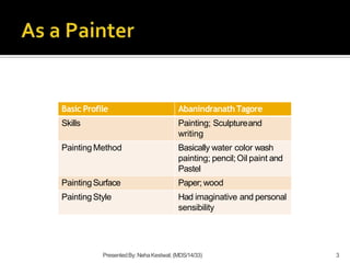 Basic Profile AbanindranathTagore
Skills Painting; Sculptureand
writing
Painting Method Basically water color wash
painting; pencil;Oil paint and
Pastel
PaintingSurface Paper; wood
PaintingStyle Had imaginative and personal
sensibility
PresentedBy: NehaKestwal;(MDS/14/33) 3
 