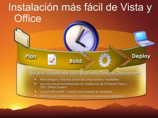 Instalación más fácil de Vista y
  Office




    Solution Accelerator para Business Desktop Deployment
        Metodología y mejores prácticas congruentes y repetibles
        Uso de nuevas herramientas de instalación de Windows Vista y
        2007 Office System
        LA guía Microsoft + partner para instalar en desktops
        Aprendizaje combinado de 5 millones de desktops instaladas
 