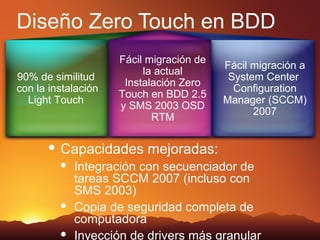 Diseño Zero Touch en BDD
                     Fácil migración de
                                          Fácil migración a
                          la actual
90% de similitud                           System Center
                      Instalación Zero
con la instalación                          Configuration
                     Touch en BDD 2.5
  Light Touch                             Manager (SCCM)
                     y SMS 2003 OSD
                                                2007
                            RTM

         Capacidades mejoradas:
             Integración con secuenciador de
              tareas SCCM 2007 (incluso con
              SMS 2003)
             Copia de seguridad completa de
              computadora
             Inyección de drivers más granular
 