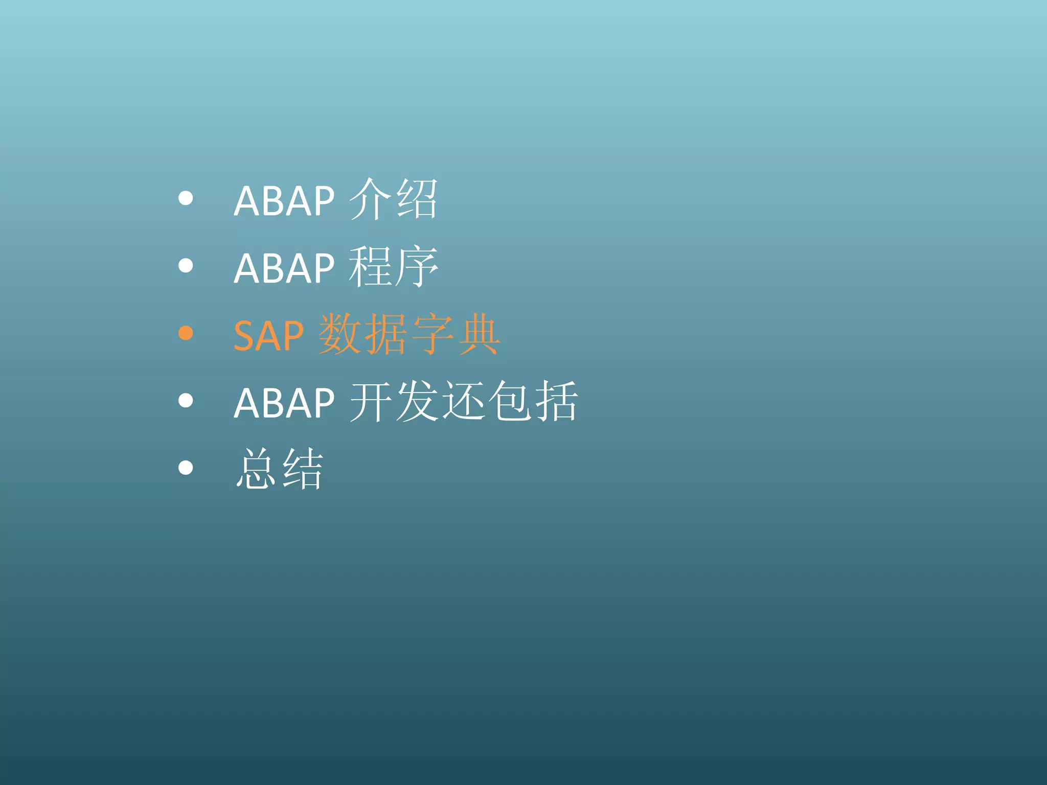 ABAP 介绍 ABAP 程序 SAP 数据字典 ABAP 开发还包括 总结 