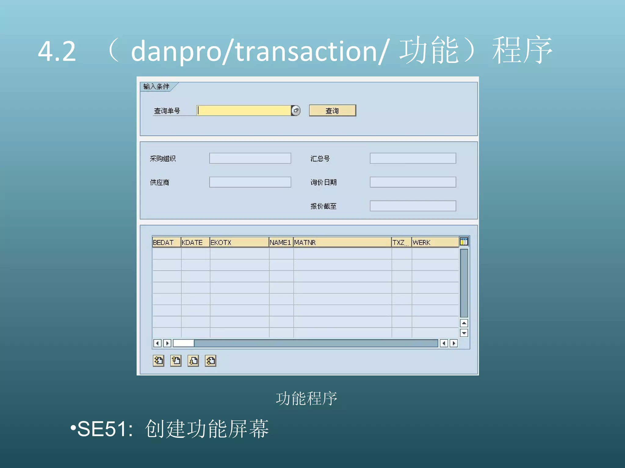 4.2  （ danpro/transaction/ 功能）程序 功能程序 SE51:  创建功能屏幕 