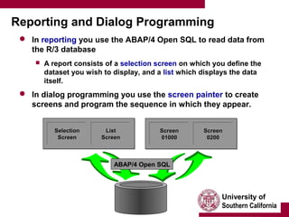University of
Southern California
Reporting and Dialog Programming
 In reporting you use the ABAP/4 Open SQL to read data from
the R/3 database
 A report consists of a selection screen on which you define the
dataset you wish to display, and a list which displays the data
itself.
 In dialog programming you use the screen painter to create
screens and program the sequence in which they appear.
SelectionSelection
ScreenScreen
ListList
ScreenScreen
ScreenScreen
0100001000
ScreenScreen
02000200
ABAP/4 Open SQL
 