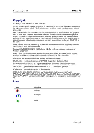 3URJUDPPLQJ LQ +5 6$3 $*
 -XQH 
RSULJKW
© Copyright 1998 SAP AG. All rights reserved.
No part of this brochure may be reproduced or transmitted in any form or for any purpose without
the express permission of SAP AG. The information contained herein may be changed without
prior notice.
SAP AG further does not warrant the accuracy or completeness of the information, text, graphics,
links, or other items contained within these materials. SAP AG shall not be liable for any special,
indirect, incidental, or consequential damages, including without limitation, lost revenues or lost
profits, which may result from the use of these materials. The information in this documentation is
subject to change without notice and does not represent a commitment on the part of SAP AG for
the future.
Some software products marketed by SAP AG and its distributors contain proprietary software
components of other software vendors.
Microsoft®, WINDOWS®, NT®, EXCEL® and SQL-Server® are registered trademarks of
Microsoft Corporation.
IBM®, DB2®, OS/2®, DB2/6000®, Parallel Sysplex®, MVS/ESA®, RS/6000®, AIX®, S/390®,
AS/400®, OS/390®, and OS/400® are registered trademarks of IBM Corporation.
OSF/Motif® is a registered trademark of Open Software Foundation.
ORACLE® is a registered trademark of ORACLE Corporation, California, USA.
INFORMIX®-OnLine IRU 6$3 is a registered trademark of Informix Software Incorporated.
UNIX® and X/Open® are registered trademarks of SCO Santa Cruz Operation.
ADABAS® is a registered trademark of Software AG.
SAP®, R/2®, R/3®, RIVA®, ABAP/4®, SAP ArchiveLink®, SAPaccess®, SAPmail®,
SAPoffice®, SAP-EDI®, R/3 Retail®, SAP EarlyWatch®, SAP Business Workflow®, ALE/WEB™,
Team SAP™, BAPI™, Management Cockpit™ are registered or unregistered trademarks of SAP
AG.
,FRQV
,FRQ 0HDQLQJ
Caution
Example
Note
 