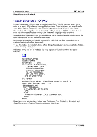 9LHZV 
Join ........................................................................................................................................... 34
Projection.................................................................................................................................. 36
Join and Projection................................................................................................................... 38
Time-Dependent Control Tables .............................................................................................. 40
Generalization of the View........................................................................................................ 41
,PSRUW([SRUW )LOHV LQ +5 
)LOHV 3/ 3/ 3/ DQG 3/  
6WRULQJ 'DWD LQ 3/Q )LOHV 
xx Key....................................................................................................................................... 45
3/Q %XIIHU 
Retroactive Accounting of Payroll Results ............................................................................... 47
Starting Payroll Accounting in the Test Mode .......................................................................... 48
OXVWHU 'LUHFWRU 
Cluster Directory for All Other Countries.................................................................................. 52
Function Module: RP_EVALUATION_PERIODS ............................................................... 55
Reading Payroll Results Using the Function RP_EVALUATION_PERIODS ................ 57
 