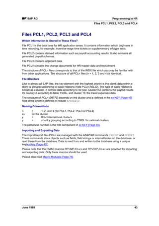 ([DPSOH RI DQ +5 UHSRUW
An HR report which uses the logical database has the following basic structure:
REPORT RPABAP01.
TABLES: PERNR.
INFOTYPES: 0001.
GET PERNR.
PROVIDE * FROM P0001 BETWEEN PN/BEGDA AND PN/ENDDA.
WRITE: / P0001-PERNR,
P0001-STELL,
P0001-BEGDA,
P0001-ENDDA.
ENDPROVIDE.
This report evaluates the 2UJDQL]DWLRQDO $VVLJQPHQW infotype records in the specified data
selection period.
,QIRWSH 'HFODUDWLRQ
All infotypes to be processed in the report are listed in the ABAP/4® INFOTYPES language
element.
The database does not normally contain only one record for each infotype and personnel number
but several records with different validity periods. Infotypes are time-dependent since their data
changes over time. For this reason, one structure or work area would not suffice for provision of
infotype data in the main memory.
The INFOTYPES statement is therefore used to create an internal table for each of the listed
infotypes. The structure of this table corresponds to that of the relevant infotype.
'DWD 5HWULHYDO
Data is retrieved at the GET PERNR time point. The GET PERNR action is executed for all
personnel numbers that were selected on the basis of selection screen entries. The time point
should therefore be viewed as a loop via the selected personnel numbers.
GET PERNR fills the internal tables of infotypes that are declared for each employee using the
INFOTYPES statement.
The internal infotype table is filled with all records from the lowest to highest system date. Pnnnn
is the name of the internal table; nnnn represents the infotype number.
The headers of the internal tables Pnnnn is undefined after the GET PERNR
action. These headers are reset to their initial values if no records are found for a
new personnel number.
For information on processing of infotype records, read Infotype Processing (PA-
PAD) [Page 14].
PERNR is a Data Dictionary structure without a database. You must declare this structure using
the TABLES statement. This structure contains the personnel number data chosen on the basis
of the selection screen entries.
Infotype Processing (PA-PAD) [Page 14]
 