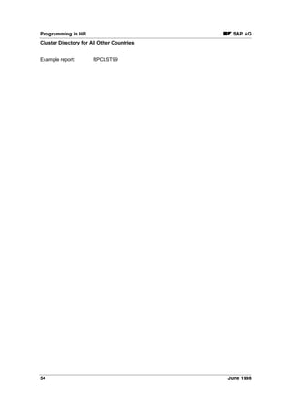 You often do not require all infotype records, but only the newest or oldest one within a selected
time period.
In this case, use one of the following statements:
RP-PROVIDE-FROM-LAST Pnnnn SPACE PN/BEGDA PN/ENDDA.
or
RP-PROVIDE-FROM-FIRST Pnnnn SPACE PN/BEGDA PN/ENDDA.
These statements make the newest or oldest record in the PN/BEGDA to PN/ENDDA data
selection period available in the structure Pnnnn for infotype nnnn.
If the infotype has subtypes, replace the SPACE parameter by the appropriate subtype number.
When a record has been successfully read, the return code PNP-SW-FOUND = 1 is transferred.
([DPSOH UHSRUW
REPORT RPDEMO02.
TABLES: PERNR.
INFOTYPES: 0001.
GET PERNR.
RP-PROVIDE-FROM-LAST P0001 SPACE PN/BEGDA PN/ENDDA
IF PNP-SW-FOUND eq ‘1’.
WRITE: / PERNR-PERNR, P0001-STELL, PN/BEGDA, PN/ENDDA.
ELSE.
REJECT.
ENDIF.
The above statements are ABAP/4® macros.
For more information, read Specific Commands [Page 74].
 