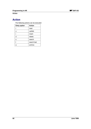 5HDGLQJ 'DWD
Infotypes 2000 to 2999 are time infotypes. The time data in these infotypes stored in tables
PA2000 to PA2999. Infotypes are declared with the INFOTYPE statement, and data is made
available for processing in the internal infotype tables (infotype 2011 is an exception).
You should not load all time infotype records from the lowest to highest system dates into the
main memory. This would quickly lead to a memory overload, especially if a front-end time
recording system is connected to your HR system.
This is why time data should be read only for a specific period.
Use the infotype declaration supplement MODE N to define that the internal time infotype tables
should be declared but not filled at the GET PERNR time point.
Later you can fill these tables using a statement with selection period parameters.
Use the following report to read time data:
REPORT RPABAP05.
TABLES: PERNR.
INFOTYPES: 2001 MODE N.
GET PERNR.
RP-READ-ALL-TIME-ITY PN/BEGDA PN/ENDDA.
LOOP AT P2001.
WRITE: / P2001-ABWTG.
ENDLOOP.
An ABAP/4® macro reads the time data. This macro uses the data selection period parameter of
the selection screen.
Please also read Macro Modules [Page 76].
3URFHVVLQJ 'DWD
Due to the time constraint of infotypes, several special features must be taken into account when
processing time data. Views of time data are generally not practical.
In time infotypes, data is determined on the basis of the validity period.
When you enter an absence record, the number of days of absence is calculated on the basis of
the absence period.
In a view, new partial periods are created without any changes being made to infotype data. This
would lead to incorrect results in time infotypes, since this data depends on the validity period.
For example, if, a leave record extends from the middle of January to the middle of February and
20 days of leave are calculated for this period, then a view for the month of February would result
in a leave record which extends from the beginning to the middle of February. The number of
days of leave would not have changed and the information would be incorrect.
In master data, the time constraint is a definite feature of the infotype or subtype. There are no
time dependencies between infotypes and subtypes.
Time data is basically different. Let us assume that an employee becomes sick during vacation.
The leave record is then delimited on the first day of the sickness, and the sickness record
follows.
 