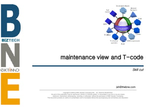 maintenance view and T-code Skill cut [email_address] Copyright © 2006 by BNE Solution Consulting INC.  ALL RIGHTS RESERVED. No part of this publication may be reproduced, stored in a retrieval system, or transmitted in any form or by any means - electronic, mechanical, photocopying, recording, or otherwise- without the permission of BNE Solution Consulting.  This document provides an outline of a presentation and is incomplete without the accompanying oral commentary and discussion. 