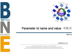 Parameter id name and value  구하기 Skill cut [email_address] Copyright © 2006 by BNE Solution Consulting INC.  ALL RIGHTS RESERVED. No part of this publication may be reproduced, stored in a retrieval system, or transmitted in any form or by any means - electronic, mechanical, photocopying, recording, or otherwise- without the permission of BNE Solution Consulting.  This document provides an outline of a presentation and is incomplete without the accompanying oral commentary and discussion. 