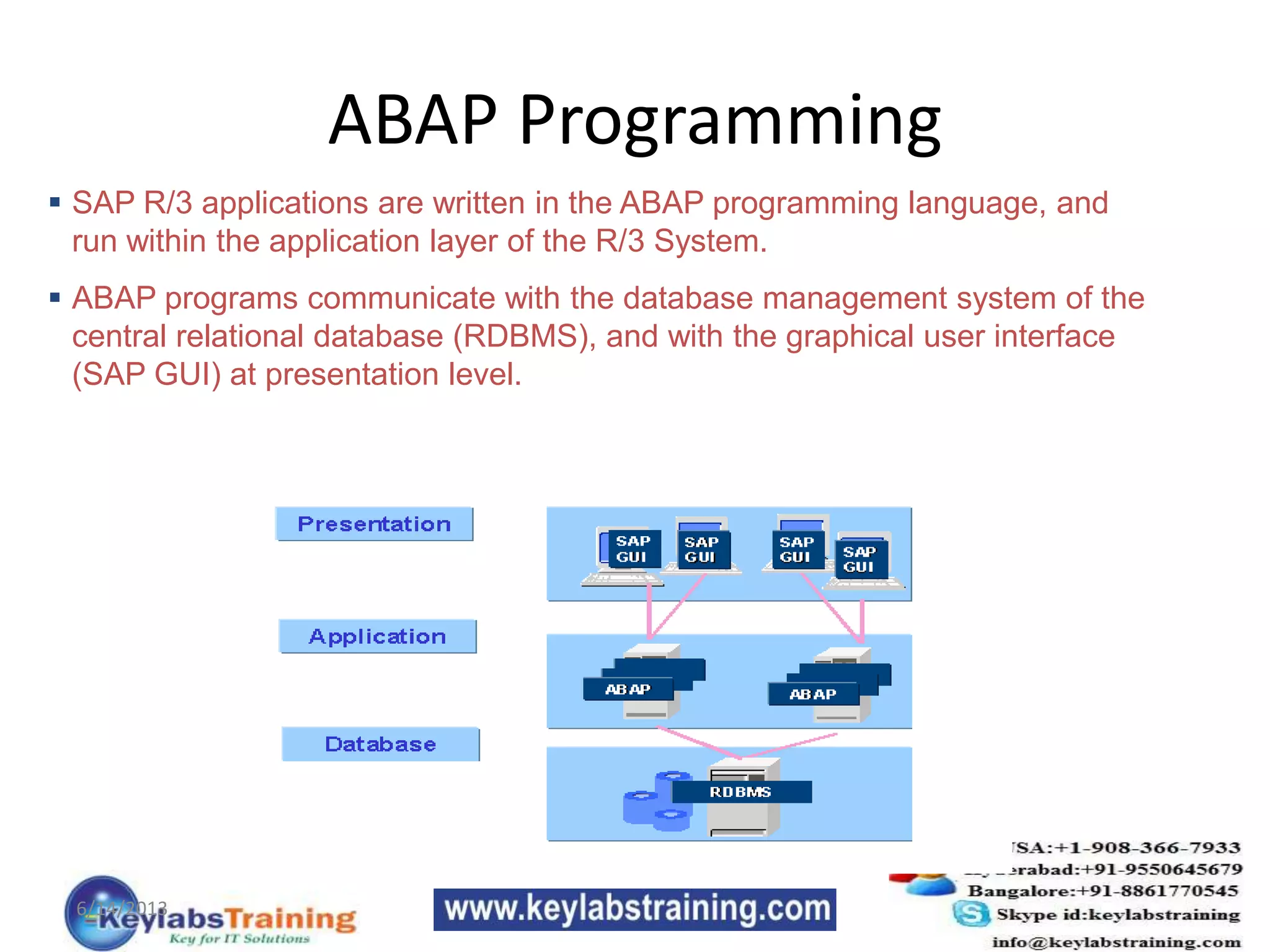 ABAP Programming
 SAP R/3 applications are written in the ABAP programming language, and
run within the application layer of the R/3 System.
 ABAP programs communicate with the database management system of the
central relational database (RDBMS), and with the graphical user interface
(SAP GUI) at presentation level.
6/14/2013
 