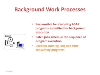 Background Work Processes
• Responsible for executing ABAP
programs submitted for background
execution
• Batch jobs schedule the sequence of
program execution
• Used for running long and time
consuming programs
Batch
12
9
6
3
11 1
7 5
8 4
210
B
6/14/2013
 
