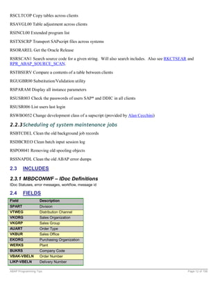 RSCLTCOP Copy tables across clients
RSAVGL00 Table adjustment across clients
RSINCL00 Extended program list

RSTXSCRP Transport SAPscript files across systems
RSORAREL Get the Oracle Release
RSRSCAN1 Search source code for a given string. Will also search includes. Also see RKCTSEAR and
RPR_ABAP_SOURCE_SCAN.

RSTBSERV Compare a contents of a table between clients
RGUGBR00 Substitution/Validation utility
RSPARAM Display all instance parameters
RSUSR003 Check the passwords of users SAP* and DDIC in all clients
RSUSR006 List users last login
RSWBO052 Change development class of a sapscript (provided by Alan Cecchini)

2.2.3 Scheduling of system maintenance jobs
RSBTCDEL Clean the old background job records
RSDBCREO Clean batch input session log
RSPO0041 Removing old spooling objects
RSSNAPDL Clean the old ABAP error dumps

2.3     INCLUDES

2.3.1 MBDCONWF – IDoc Definitions
IDoc Statuses, error messages, workflow, message id

2.4     FIELDS
Field              Description
SPART              Division
VTWEG              Distribution Channel
VKORG              Sales Organization
VKGRP              Sales Group
AUART              Order Type
VKBUR              Sales Office
EKORG              Purchasing Organization
WERKS              Plant
BUKRS              Company Code
VBAK-VBELN         Order Number
LIKP-VBELN         Delivery Number

ABAP Programming Tips                                                                       Page 12 of 158
 