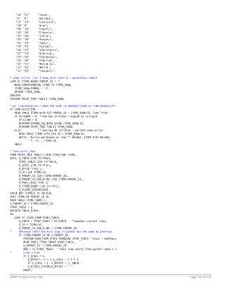 '35'   '31'    'Teran',
    '9'    '6'     'Whiskey',
    '15'   '14'    'Coca-cola',
    '18'   '6'     'Wine',
    '28'   '18'    'Croatia',
    '33'   '28'    'Slavonia',
    '34'   '28'    'Istria',
    '29'   '18'    'Hungary',
    '30'   '29'    'Tokaj',
    '19'   '33'    'Enjingi',
    '20'   '33'    'Zdjelarevic',
    '22'   '19'    'Riesling',
    '23'   '19'    'Chardonnay',
    '24'   '20'    'Riesling',
    '32'   '31'    'Malvazija',
    '25'   '20'    'Merlot',
    '31'   '34'    'Tomasevic'.

* show initial list (items with level 0 - parentless items)
LOOP AT ITEMS WHERE PARENT_ID = ''.
   MOVE-CORRESPONDING ITEMS TO ITEMS_SHOW.
   ITEMS_SHOW-SYMBOL = '+'.
   APPEND ITEMS_SHOW.
ENDLOOP.
PERFORM PRINT_TREE TABLES ITEMS_SHOW.

* at line-selection - when the node is opened/closed or item double-clk
AT LINE-SELECTION.
   READ TABLE ITEMS WITH KEY PARENT_ID = ITEMS_SHOW-ID. "see 'hide'
   IF SY-SUBRC = 0. "item has children - expand or collapse
      SY-LSIND = 0.
      PERFORM EXPAND_COLLAPSE USING ITEMS_SHOW-ID.
      PERFORM PRINT_TREE TABLES ITEMS_SHOW.
   ELSE.            "item has NO children - perform some action
      READ TABLE ITEMS WITH KEY ID = ITEMS_SHOW-ID.
      WRITE: 'Action performed on item "' NO-GAP, ITEMS-TEXT NO-GAP,
             '", id.', ITEMS-ID.
   ENDIF.

* form print_tree
FORM PRINT_TREE TABLES ITEMS STRUCTURE ITEMS.
DATA: V_TABIX LIKE SY-TABIX,
       START_TABIX LIKE SY-TABIX,
       V_LEVEL LIKE SY-TFILL,
       V_OFFSET TYPE I,
       V_ID LIKE ITEMS-ID,
       V_PARENT_ID LIKE ITEMS-PARENT_ID,
       V_PARENT_ID_FOR_VLINE LIKE ITEMS-PARENT_ID,
       V_PREV_LEVEL TYPE I,
       V_ITEMS_COUNT LIKE SY-TFILL,
       V_VLINES_STRING(200).
CHECK NOT ITEMS[] IS INITIAL.
SORT ITEMS BY PARENT_ID ID.
READ TABLE ITEMS INDEX 1.
V_PARENT_ID = ITEMS-PARENT_ID.
START_TABIX = 1.
REFRESH TABIX_STACK.
DO.
    LOOP AT ITEMS FROM START_TABIX.
       V_TABIX = START_TABIX = SY-TABIX.   "remember current index
       V_ID = ITEMS-ID.
       V_PARENT_ID_FOR_VLINE = ITEMS-PARENT_ID.
*      decrease level and exit loop if parent not the same as previous
       IF ITEMS-PARENT_ID NE V_PARENT_ID.
          PERFORM READ_FROM_STACK CHANGING START_TABIX. "level = NoOfRecs
          READ TABLE ITEMS INDEX START_TABIX.
          V_PARENT_ID = ITEMS-PARENT_ID.
          ADD 1 TO START_TABIX.   "next loop starts from parent index + 1
*         clear vline
          IF V_LEVEL > 1.
             V_OFFSET = 2 + ( V_LEVEL - 2 ) * 3.
             IF V_LEVEL = 1. V_OFFSET = 1. ENDIF.
             V_VLINES_STRING+V_OFFSET = ' '.
          ENDIF.

ABAP Programming Tips                                                       Page 129 of 158
 