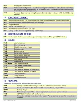 WE60              IDoc type documentation tool
WE20              Partner profile configuration. Add partner detail together with inbound and outbound relationships.
                  We also incorporate message control on the outbound IDocs. Utilize the organizational units to trap
                  functional errors for further processing.
BD87              Reprocess IDocs in error or waiting for action. (Both inbound and outbound in 4.6. Use BD88 in prior
                  versions)

1.4     IDOC DEVELOPMENT
BD55      Conversion rule user exit. Link conversion rule user exit to the different system  partner combinations.
WE19      EDI test tool. Use to test inbound Function module changes.
WE31      Segment create
WE30      Create IDoc extension type
WE82      Link Release detail to Extension IDoc Type
WE57      Assign function module to logical message and IDoc type

1.5     REQUIREMENTS CODING
V/27    Create code to check requirements for output control. Used to check ZBA0 against BA00 output.

1.6     SALES
VA05              List of sales orders
VA02              Sales order change
VA32              Scheduling agreement change
VA42              Contract change
VA22              Quotation change
VF02              Change billing document
VL02N             Change delivery document
VF11              Cancel Billing document
VF04              Billing due list
VL04              Delivery due list
VKM3, VKM4        List of sales documents
VKM1              List of blocked SD documents
VKM5              List of deliveries
VL06G             List of outbound deliveries for goods issue
VL06P             List of outbound deliveries for picking
VL09              Cancel goods issue
VT02N             Change shipment
VT70              Output for shipments

1.7     GENERAL
The following section provides detail on other useful SAP areas.
VL04                    Delivery due list. Run the delivery due with your order number to create the delivery.
LT03                    Create Transfer Order. EG. Warehouse: 101 and enter. Picking background. Save
VL02N                   Delivery change.
MD04                    Material Requirements. Shows material requirements and releases against materials.
SE38                    ABAP Editor. Used to modify ABAP programs.
SM01                    Transaction list. Lock transactions in the system. Also a good tool to see what transactions are
                        available.
ABAP Programming Tips                                                                                                 Page 4 of 158
 