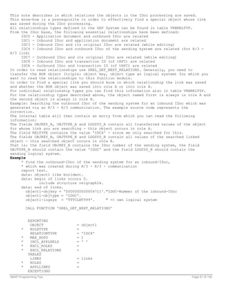 This note describes in which relations the objects in the IDoc processing are saved.
This know-how is a prerequisite in order to effectively find a special object whose link
was saved during the IDoc processing.
All relationships types defined in the SAP System can be found in table VRBRELTYP.
From the IDoc base, the following essential relationships have been defined:
     IDC0 - Application document and outbound IDoc are related
     IDC1 - Inbound IDoc and application document are related
     IDC3 - Inbound IDoc and its original IDoc are related (while editing)
     IDC4 - Inbound IDoc and outbound IDoc of the sending system are related (for R/3 -
R/3 link)
     IDC7 - Outbound IDoc and its original IDoc are related (while editing)
     IDC8 - Inbound IDoc and transaction ID (of tRFC) are related
     IDCA - Outbound IDoc and transaction ID (of tRFC) are related
In order to read relationships use SREL_GET_NEXT_RELATIONS. Generally, you need to
transfer the BOR object (triple: object key, object type an logical system) for which you
want to read the relationships to this function module.
In order to find a special link you should know in which relationship the link was saved
and whether the BOR object was saved into role A or into role B.
For individual relationship types you can find this information also in table VRBRELTYP.
For the relationship types described above, the object named first is always in role A and
the second object is always in role B.
Example: Searching the outbound IDoc of the sending system for an inbound IDoc which was
generated via an R/3 - R/3 communication. The example source code represents the
correction.
The internal table will then contain an entry from which you can read the following
information:
The fields OBJKEY_A, OBJTYPE_A and LOGSYS_A contain all transferred values of the object
for whose link you are searching - this object occurs in role A.
The field RELTYPE contains the value 'IDC4' - since we only searched for this.
The fields OBJKEY_B, OBJTYPE_B and LOGSYS_B contain all values of the searched linked
object - this searched object occurs in role B.
That is: the field OBJKEY_B contains the IDoc number of the sending system, the field
OBJTYPE_B should contain the value 'IDOC' and the field LOGSYS_B should contain the
sending logical system.
Example
     * find the outbound-IDoc of the sending system for an inbound-IDoc,
     * which was created during R/3 - R/3 - communication
     report test.
     data: object1 like borident.
     data: begin of links occurs 0.
             include structure relgraphlk.
     data: end of links.
       object1-objkey = '0000000000004711'."IDOC-Nummer of the inbound-IDoc
       object1-objtype = 'IDOC'.
       object1-logsys = 'TTTCLNT999'.      " << own logical system

           CALL FUNCTION 'SREL_GET_NEXT_RELATIONS'


           EXPORTING
            OBJECT               =   object1
       *    ROLETYPE             =
            RELATIONTYPE         =   'IDC4'
       *    MAX_HOPS             =   1
       *    INCL_APPLRELS        =   ' '
       *    EXCL_ROLES           =
       *    EXCL_RELATIONS       =
           TABLES
            LINKS                = links
       *    ROLES                =
       *    APPLLINKS            =
           EXCEPTIONS
ABAP Programming Tips                                                            Page 61 of 158
 