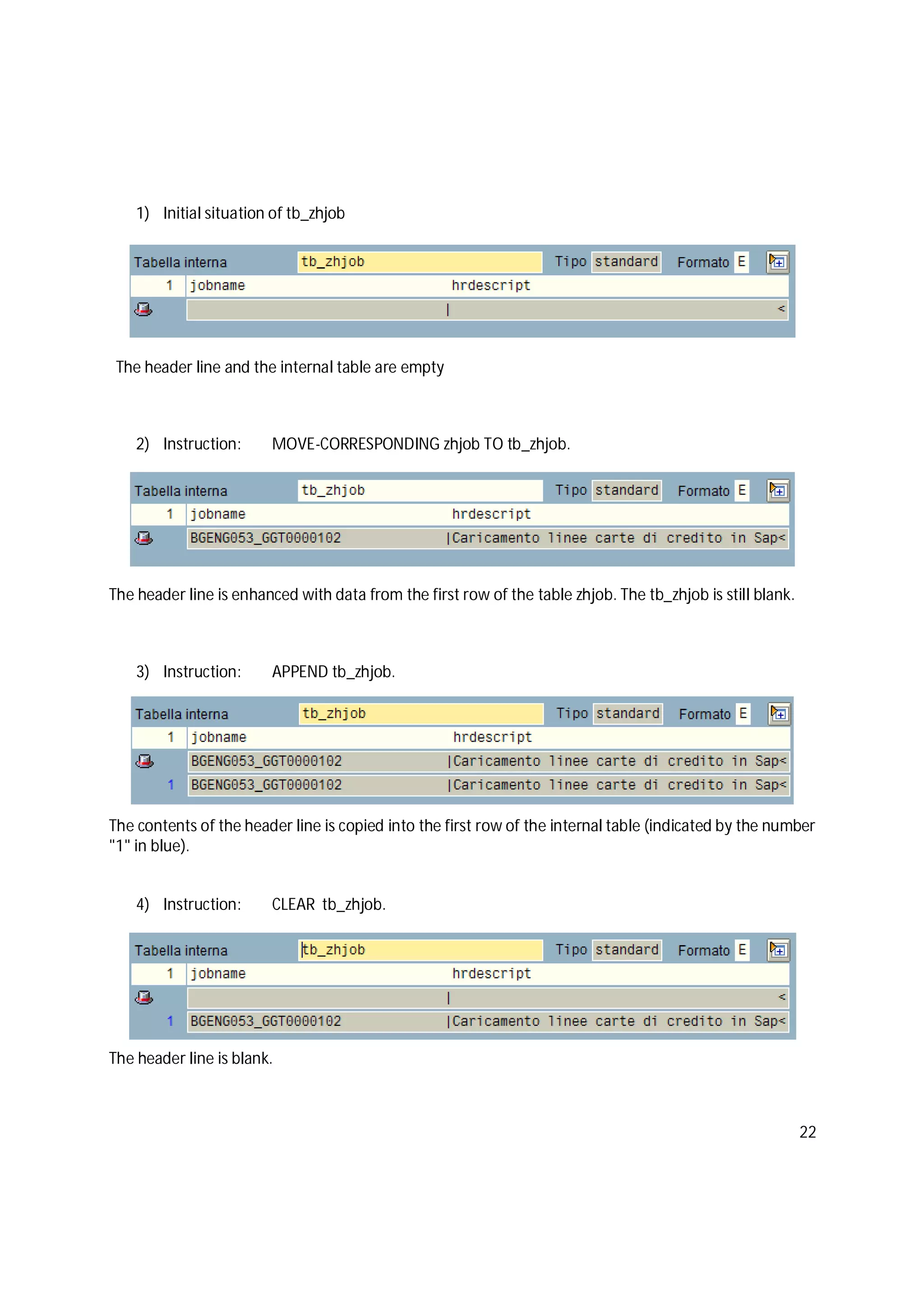 22
1) Initial situation of tb_zhjob
The header line and the internal table are empty
2) Instruction: MOVE-CORRESPONDING zhjob TO tb_zhjob.
The header line is enhanced with data from the first row of the table zhjob. The tb_zhjob is still blank.
3) Instruction: APPEND tb_zhjob.
The contents of the header line is copied into the first row of the internal table (indicated by the number
"1" in blue).
4) Instruction: CLEAR tb_zhjob.
The header line is blank.
 