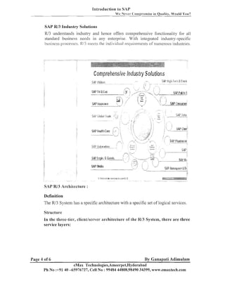 Introduction to SAP
We Never. (:'ornpromise in Quality, Would You?

SAP R/3 Industry Solutions

R13 uiiderstailds iiidustry and lielice offers coiiipreheiisive f~ulctioiialityfor all
standard busiliess needs in ally enterprise. With integrated industry-specific
1113
of
business ~~socesses. meets the i~ldilidual~.equirements liuinerous industries.

Cag~:lprehe,~sive fry S o/utiorrs
lndus
SAP Oil & 6%

,
SAP l r i ~ m r ~ e

y ).
.
,:,. :
./i,

c.,
'

,

,' "
., ,'
.

',
,/ ~

,8.

,

-

;
!

,
,

-.

, : . - . , I

'
.

! ,,ad ,,,,

'

{

b#

1

,<,*-

I
5

!,
A.
,

'5

,
!

-,
.,

;

',

1.

---. ,.
,,
I
,
.......
1

/

.

j
i

__..,
1

i

I<
.

~

.'.. . .if

S#.P&llc-:

Calas~'

SAP 1 3 Architecture :
U
Definition
The R/3 System has a specific architecture with a specific set of logical services.
Structure
In the three-tier, clientlserver architecture of the W3 System, there are three
service layers:

Page 4 of 6

By Ganapati Adimulam

eMax Technologies,Ameerpet,Hyderabacl
Ph No :+9140 -65976727, Cell No : 99484 44808,98490 34399, www.emaxtech.com

 