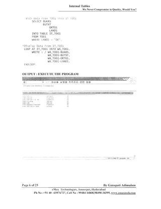 lnternal Tables
We Never Compromise in Quality, Would You?

-

c

c

zLci 2

I

r TO,,

,

,

L

-

i >L

-

SELECT BUKRS
B UTXT
ORTOl
LANDl
INTO TABLE IT-TO01
FROlY TOO1
WIiERE LANDl = ' D E ' .
;: ; ,
. -

. sp:ay

Data From IT-T001
LOOP AT IT-TO01 INTO WA-T001.
WRITE : / WA-T001-BUI<RS,
WA-T001-BUTXT,
WA-T001-ORT01,
WA-T001-LAND1.
tNOL001'.

i
,

OUTPUT : EXECUTE THE PROGRAM

Page 6 of 23

By Ganapati Adimulam
eSlax 'I'ecllnologies, Ameel-pet, llyclel-abacl

Ph No :+91 40 -65976727, Cell 1Vo : 99484 44808,98490 34399, y ' ~ ~ . e m ~ ~ x t e c h ~ c o ~ ~ ~

 