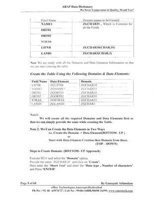 ABAP Data Dictionary
We Never Compromise In Quality, Would You?

I

ITileclName

1-

Domain naines to be Created
ZGCHAR35 , Wliicli is
all the Fields

--- -----

NAME1

No$, We are ready ~ v i t l ~ the Ijomains and Data Elements Iiiforillatioli so that
all
  e can stair crealing the ~ a b l c

Create tlze Tnble Using tlze Following Domains & Dntrr Elements:
Data --Element
ZGLlFNK
LGNAME 1
-

.

-

Domain
- - -ZGCI-IAR1 0
-

--

- -

-

-

-

LC~CHLR~~
ZGCHAII35

ORT02
STRAS
-LAND 1
-

ZGORT02
ZGSTRAS

-

----- - ---

.

-

-

----

.

hotel:

We will create all the required Domains and Data Elements first so
that we can simply provide the same while creating the Table.
Note 2: W e Can Create the Data Elements in Two Ways
i.e. Create the Domain -> Data Element(BOTT0M- UP )
0 I"

Start with Data Element Creation then Domain from there.
(TOP - DOWN)
Steps to Create Domain: (IBO'1"l'OM- UP Approach)
Execute SE11 and select the 'Domain' optioii.
Provicle lie naiilc kZGCtlAR1O' click on 'Create'.
and
Here elites tlie 'Short 'lext' aiid elites tlie 'Data type , Number of characters'
and Press 'ENTER'.

Page 8 of60

By Ganapati Adimulam

eMas 'I'ecl~nologies,A1~~eer~~et,I1ycIerabac
Ph No :+91 40 -65976727, Cell No : 99484 44808,98490 34399, arww.emaxtech.csl~a~~

 