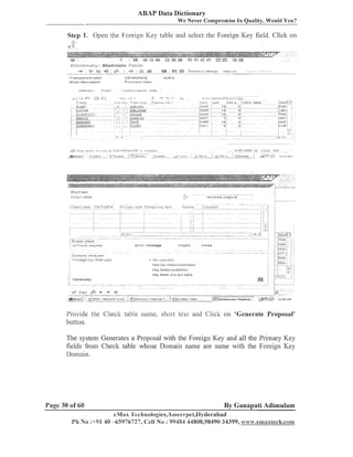ABAP Data Dictionary
We Never Compromise I n Quality, Would You?

Step I . Ope11 the Foreigii Key table and select the Foreign ICey field. Click on

~:>j(,;$j<>f':,*~,y:

'Ti%j,dj4.:

--

Actl'e

T r a n ~ [ 3 a r e nT B I ~ I C
t

LI~PURCHASE

BhurL deb~rll~liiln

Purcl-sass table

Short text

c.~,~cI, tirole

--- e

>

- -

I-.
L#I . - l ? I r lj
~.l
ll

,,J.

illoh-lie ; - f i e l d s i s a n d i d a l e s
lie..
t~elds;cand~dzte;
Key t i e l d s of a L: t a b l e
aL

Provide the Check table iiaiiie, short texL and Click on 'Generate Proposal'
button.
The system Generates a Proposal with the Foreign Key and all the Primary Key
fields fsoni Check table whose Doinail1 name are same with the Foreign Key
I 1o111ail1.

Page 30 of 60

By Ganapati Adimulam
eM;is 'i'echnologies,A~~ieel-pet,J
iytlel-abad

Ph No :+91. 40 -65976727, Cell No : 99484 44808,98490 34399, ~~~~um.e~naxlecih.com

 