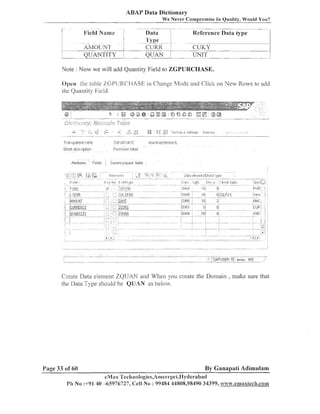 ABAP Data Dictionary
lqield~ame

~

i

1

AMOUNT

We Never Compromise In Quality, Would You'!
--

-

-

D ~ ~ T Reference Data type
I
'l'ype

- --

--

CUKK

I

-

-

CUKY
UNIT

-

-

I

Note : Now w-e will add Quantity Field to ZGPURCEIASE.
Operl the :.able ZGPURCI-IASE in Change h/lode and Click on New Rows to add
[he Quantity Field.

--

Transl:~arent t.rible

LI;F!JKI:I [::I

Short clcsil'iption

Pt~i-iii;rst?
tal-iie

Ina~:tl-eiFevisedj

Create Data element ZQUAN and When you create the Domain , n~altesure that
the Data Type should be Q'EJAN as below.

Page 33 of 60

By Ganapati Adimulam

eNl;~s
'l'echnologies,Ameel-pe1,Ilyderabacl
Ph No :+9140 -65976727, Cell No : 99484 44808,98490 34399, wta~lc.emaxhech.com

 