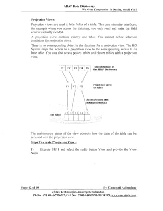 ABAP Data Dictionary
We Never Compromise In Quality, Would You?

Projection Views
Projectio~l
views are used to hide fields of a table. This can illinimize interfaces;
for example when you access the database, you oilly read and write the field
coilteilts actually needed.
A projection view coiltai~is exactly one table. You callnot define selectioil
collclitio~lsfor projectioll views.

There is no correspoizdiilg object in the database for a projectio~l
view. The W3
Systein maps the access to a projectioil view to the correspo~ldiilg
access to its
base table. You call also access pooled tables and cluster tables with a projection
view.
Table definition in
the ABAP Dictionary

Projection view
on table

:

f

 ACESS to data 3 t h
' datat~ase
interface

The maintenance status of the view coiitrols 11ow the data of the table call be
accessecl !i111 the prqjeclio~i
vie?.

Steps '1'0 create Proiection View:Execute S E l l and select the radio button View and provide the View
1)
Name.

Page 42 of 60

By Ganapati Adimulam

eMax Tecl~nologies,Amee~~~et,I-Iyderabacl
Ph No :+91 40 -65976727, Cell No : 99484 44808,98490 34399, wwaa.emax~ectt.com

 