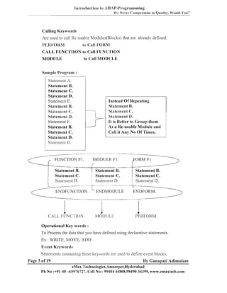 Ifitroductiona to RBAP+Programming
Wc Nevel- <:ompromise in Quality, W o ~ ~ You?
ld

Calling Keywords
Are used to call Re-usable Modules(Blocl<s) that are already defined.
I'LRI~ORM

to Call IWRM

CALL FUNC'L'IION to Call FUNCTION
MODULE

to Call MODULE

Sample Program :
Stateliiellt A.
Statement B.
Statement C.
Statement D.
Stateinelit E.
Statement B.
Statement C .
Statemellt D.
Statellielit F.
Statement B.
Statement C.
Statement D.
Slatemelit G.

FUNCTION F 1.

Instead Of Repeating
Statement B.
Statement <:.
Statement D.
It is Better to Group them
As a Re-usable Module and
Call it Any No Of Times.

MODULE F 1.

FORM F1

r

Statement B.
Statement C.
Statement D.

Statement B.
Statement C.
Statement D.

Statement B.
Statement C.
Statei~ient
D.


ENDFUNCTION.

.k

CALL F'LJNC?'ION

ENDMODULE

6

MOIIULE

ENDFORM.

f
PERFORM

Operational Key words :

To Process the data that you have defined using declarative statements.

Ex : WRITE, MOVE, ADD
Event Keym~orcls
Statemeats coiitaiiiiiig these lteyvorcls are used to define event bloclts.

Page 3 of 19

By Ganapati Adimulam
eMax Technologies,Ameerpet,Hyderabad

Ph No :+9140 -65976727, Cell No : 99484 44808,98490 34399, www.emaxtech.com

 
